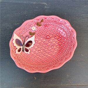 Vintage IRice Japan Pink Ceramic Butterfly Lace Flower Soap Dish